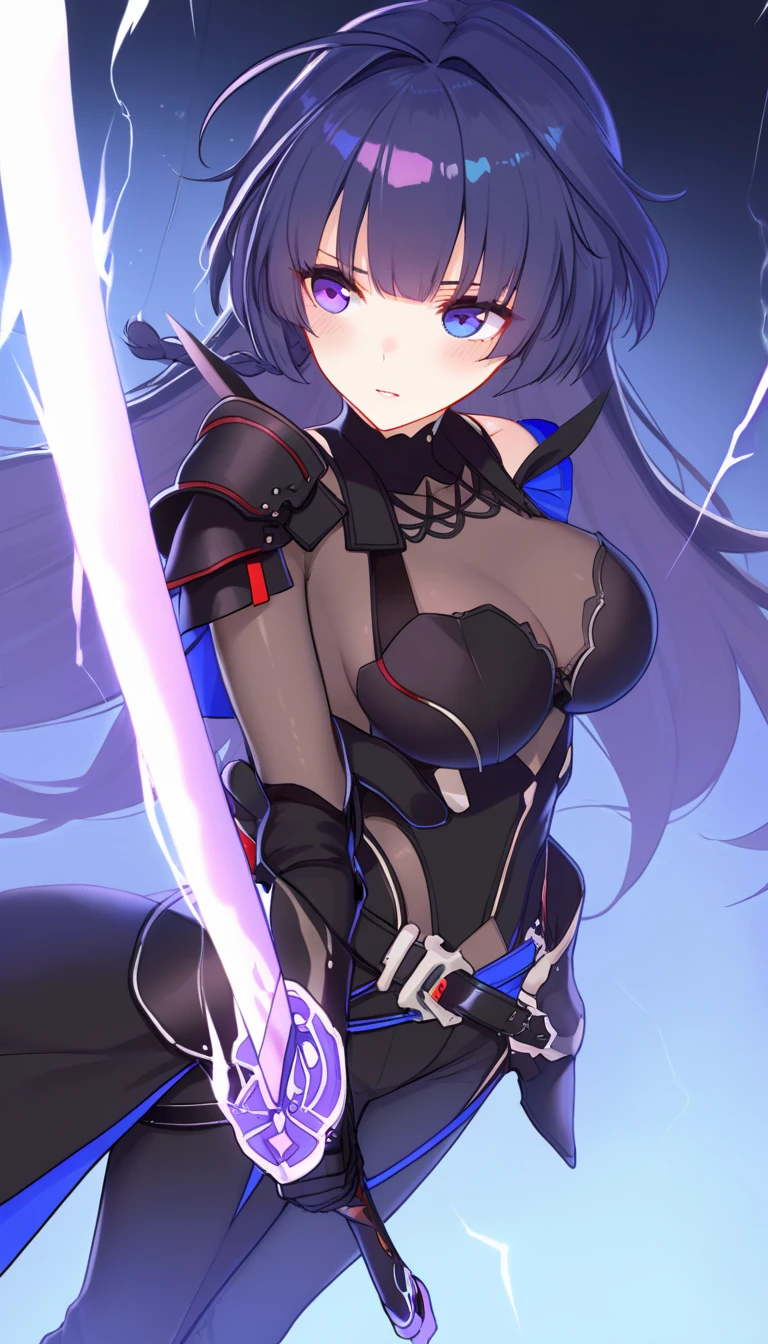 (Detailed dark soldier), (cool woman), wearing (skimpy armor:1.2), (fashionned punk:1.1) and (handing a futuristic purple sword), fighting (magic spell scepter) in her hands, after jumping position details, distant from camera, (human face), (detailed face and eyes:1.2), (skinny metalic arms and legs), intricate details, (detailed hand and finger:1.2), (medium breasts:1.2), (busty), (deep cleavage:1.2), (labia outline:1.3), (hard teat:1.3).