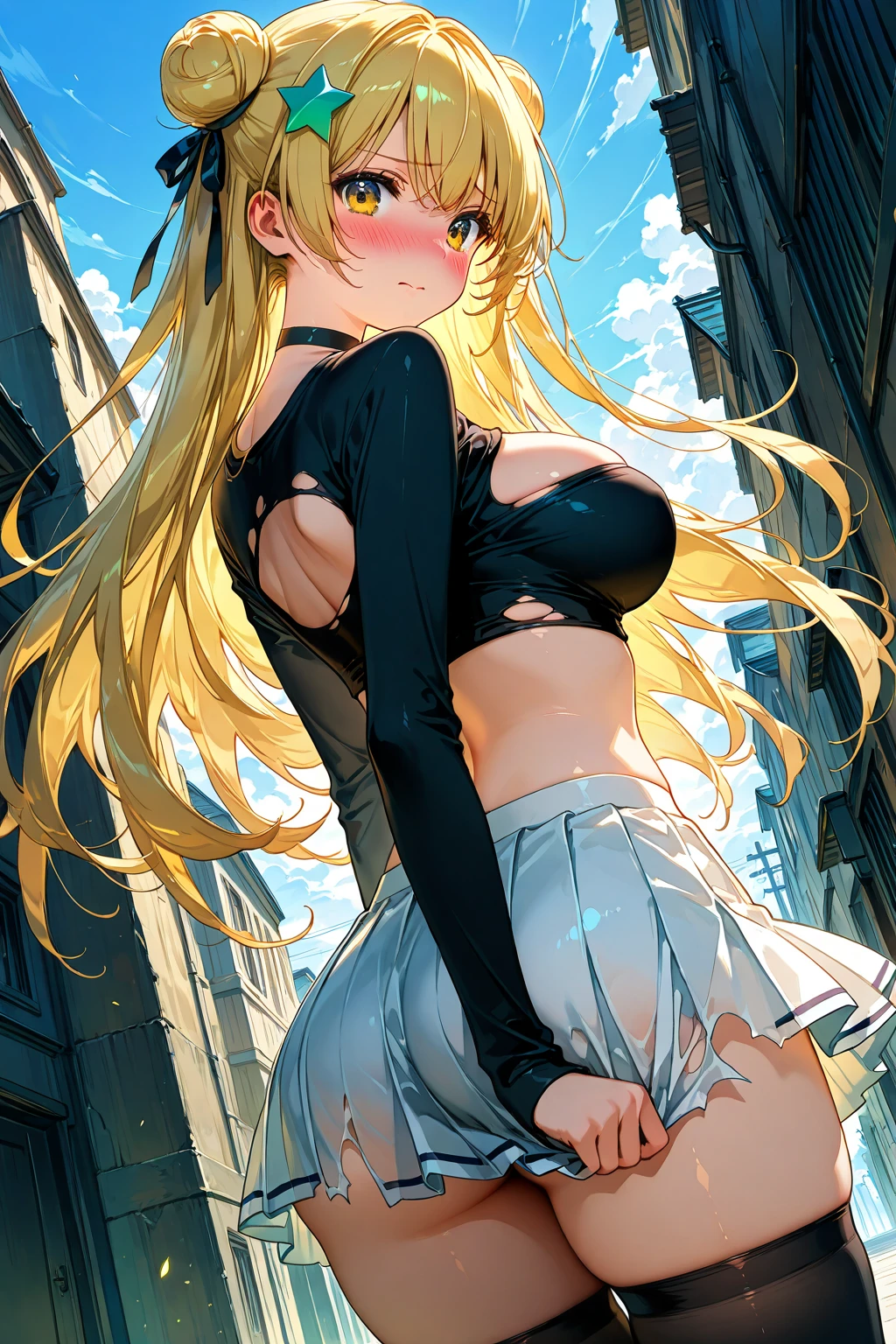 Solo, 1girl, Early 30's, long blonde hair, large heavy breasts, slender toned build, sundress, collar, cuffs