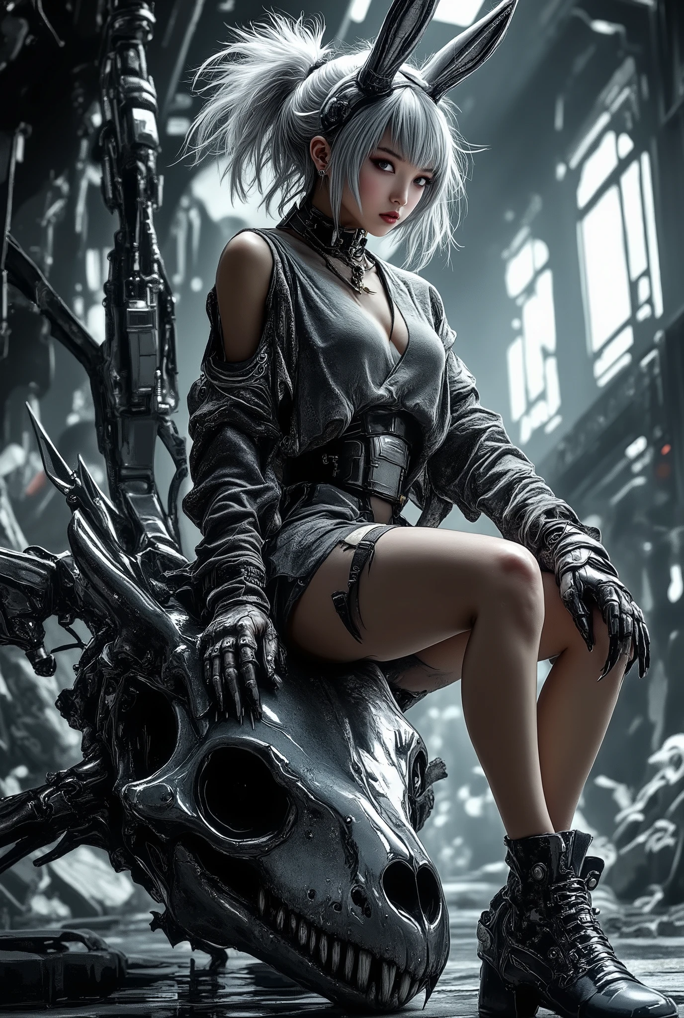 Pencil drawing, black and white, pencil strokes. (A hyper-realistic, highly detailed colored sketch, high-fashion photograph). A 25-year-old woman with a sharp, angular jawline sits confidently atop a highly glossy obsidian metal Triceratops skull, its reflective surface capturing intricate dappled shadows. Her tousled, asymmetrical silver bob with undercut layers frames her striking face, accentuated by Vantablack eye lines, long lashes, piercing Vantablack eyes, and matte Vantablack lips. She wears a fully Vantablack avant-garde ensembleaa flowing asymmetrical coat with jagged, sculptural sleeves and layered metallic-textured accents, cinched at the waist with a structured corset-like belt. A pair of black cybernetic-inspired fingerless gloves highlight her claw-like manicured nails. Her futuristic footwear consists of towering black platform boots with intricate chrome detailing and sharp, angular soles. Seated in a poised yet assertive posture, her weight subtly shifts on the Triceratops skull, exuding effortless dominance. The surreal, high-contrast Cucoloris lighting casts fragmented, cinematic shadows across her and the reflective skull, intensifying the dreamlike fusion of high-fashion dystopia and futuristic storytelling.