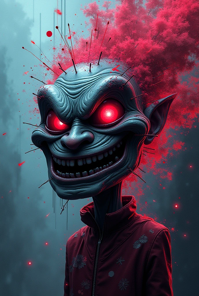 create an image demonstrating the style of ((Gargamel Smurf wears glowing neon glasses: 1.44)), ((neon lighting)), hyperrealism, 8K high resolution, vivid colors, sharp focus, ((Extremely detailed horror scene, ((Gargamel Smurf sits at the table )) holds a shiny, bloody knife in his hand)), ((on the table, in the background ((small Smurf)) in steel cages))