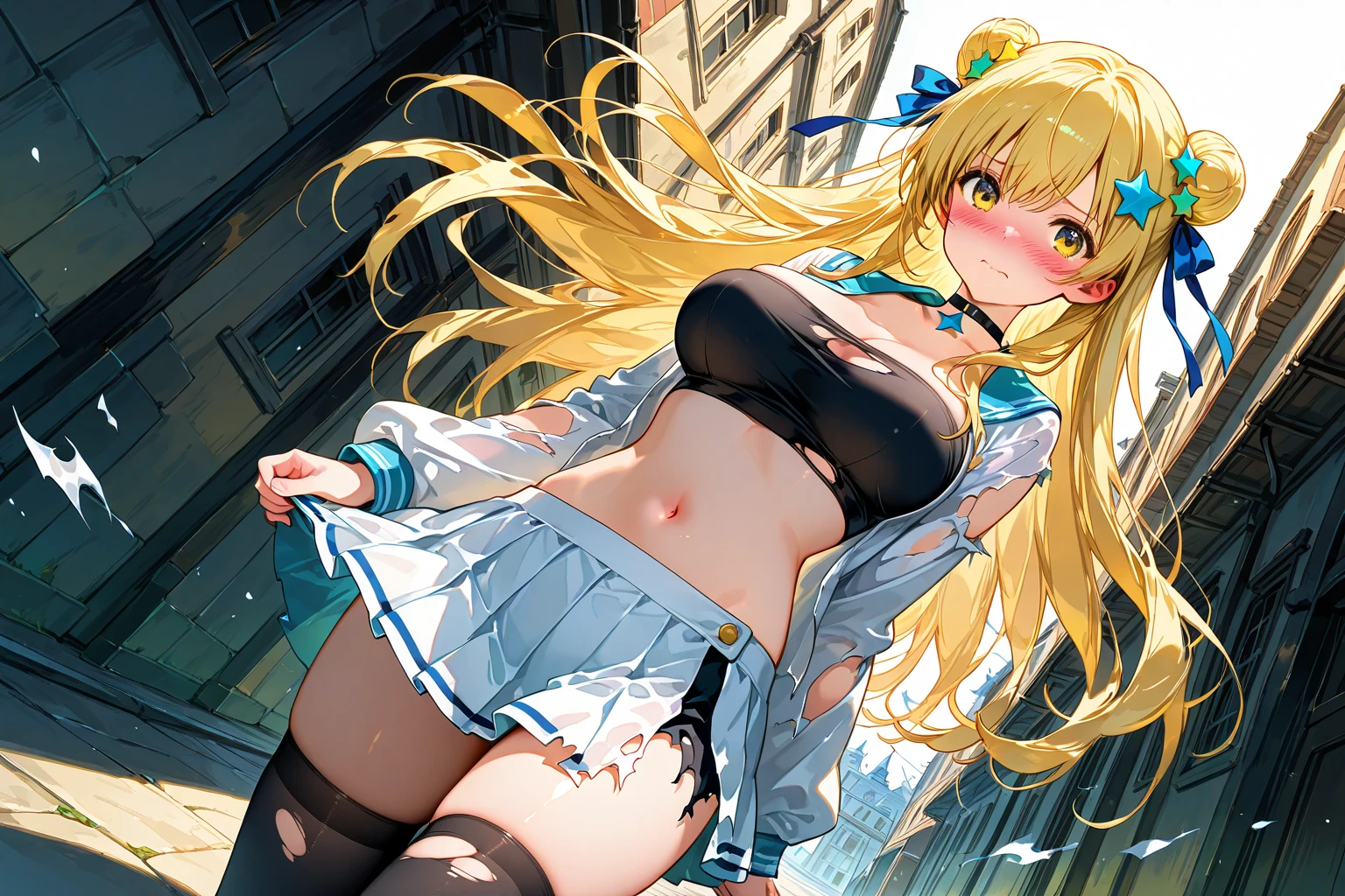 (masuter piece、best qualtiy、ighly detailed、illustratio、超A high resolution)、 ((Colorful graffiti art in the room:1.6)、(ighly detailedな暗い夜の背景))、 (One Beautiful Girl、Long Blonde Hair、ighly detailedな顔、ighly detailedな目、二重まぶた、blue eyess、Open Mouth and Tongue Sticking Out、Stupid look、(Blue earrings)、Thick lip)、 ((Tie the white shirt at the belly button:1.3)、(Showing off her exposed blue bra under her open white shirt:1.7)、(cleavage:1.5)、(tight black pleated skirt:1.6)、(Blue sexy panties:1.6)、Cameltoe)、 (breasts are medium、slim waist、skin tanned:1.7)、(((White loose socks、Gold Belt、Black handbags、Gold Accessories)))、(Full body posture)、 (Open your legs:1.5)、(lie on the stairs and put your feet up:1.6)、(Taken from below:1.5)、ultra close up、(NSFW:1.3)、Scale to fit image