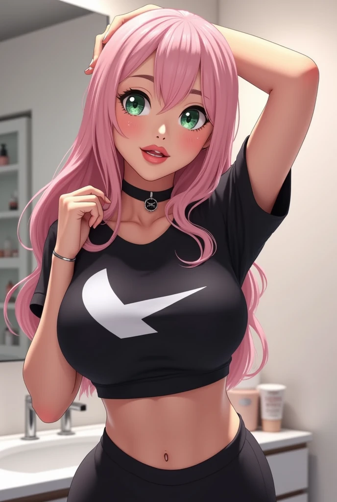 realistic, Beautiful detailed girl, clear and beautiful, Personage as the main perspective, shiny_skin, girl,woman,female, young,25 years old, (medium hair), bangs, (Top knot:1.3), sidelocks, red-pinkish hair, (beautiful detailed Glass hair), pink streaked hair,beautiful detailed cold face, cold expression, complex details beautiful and delicate eyes, fingernails, medium_breasts, , green eyes, Authentic skin texture, (piercing), necklace, naked breasts, naked pussy, knee_boots, bloom,(line art:1.2),realistic illustration,unreal engine,(GoPro),insanely detailed,perfect shading,digital art,(ray tracing), white tank_top, hotpants, short_shorts, cheeky smile