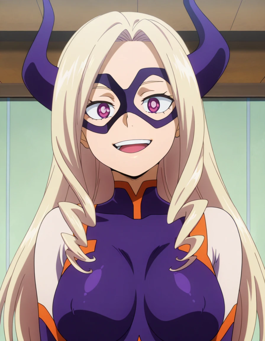 1girl, m0l4, blonde hair, long hair, purple eyes, horns, bodysuit, skin tight, domino mask, large breasts, looking at viewer, arms behind head, one eye closed, open mouth, smile, outdoors, masterpiece, best quality, amazing quality, highres, absurdres, very aesthetic, high resolution, ultra detailed, perfect details, anime coloring, anime screencap, <lora:Mount_Lady-My_Hero_Academia-ilibibu-IL-v1:0.8>