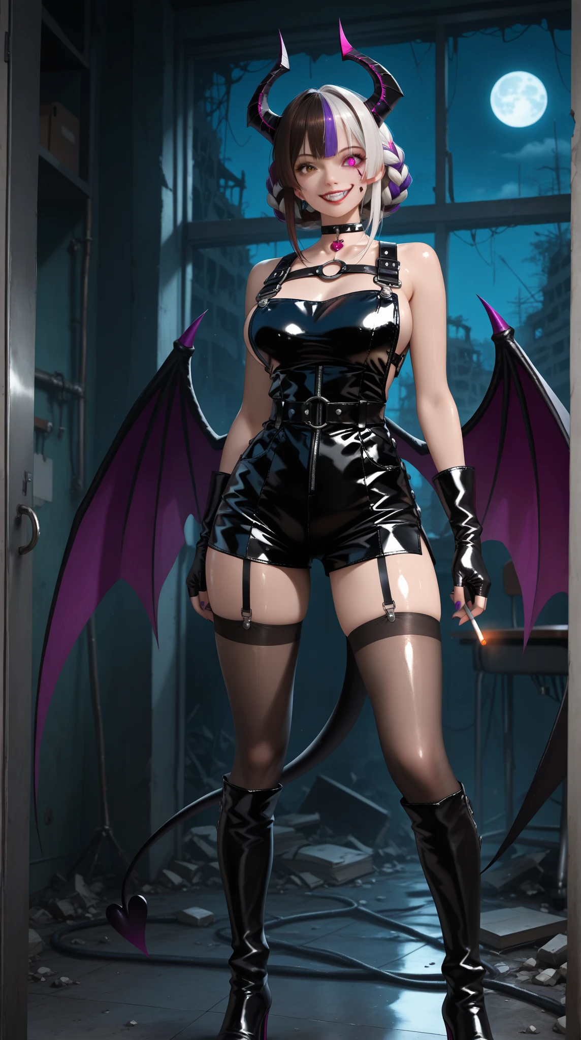 Hyper realistic photo Realism CG 8K succubus girl, think curved eyebrows, long luscious eyelashes, black eyeliner, black eye shadow, small little nose, curved lips, perfect face, choker collar, slinder body, large voluptuous breast, slim waist, curved hips, sweaty skin, neon Pink Sapphire eyes, long succubus tail, long succubus wings lower back, short leather underwear. (Butt crack showing:1.0), in a room