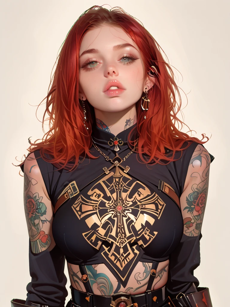 woman with a gothic tattoo on her chest, chest tattoo,gothic tattoos, crimson hair, topless