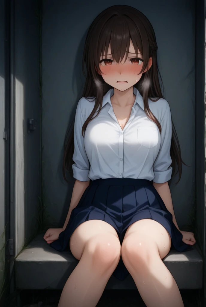 adjusting clothes,
thights, lookin at viewer, short skirts,Squat, adjusting shirt,, Masterpiece, Best quality, Highly detailed