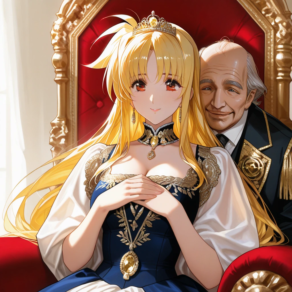 ((female1people、男1people))、((highest quality)), ((masterpiece)), (detailed), Perfect Face、Fate Testarossa、((femaleは金髪))、Gorgeous gold shiny dress、(Silk gloves)、Gorgeous engagement ring、((The king is an 80-year-old man.))(femaleは80歳男国王の愛妻)、Gold luxury jewellery accessories、Earrings、necklace、tiara、Bracelet、Waist Chain、(femaleと80歳男国王は結婚)、femaleは笑顔、((femaleと80歳男国王の結婚式))、((femaleと80歳男国王は結婚式で抱き合い誓いのキスをする))
