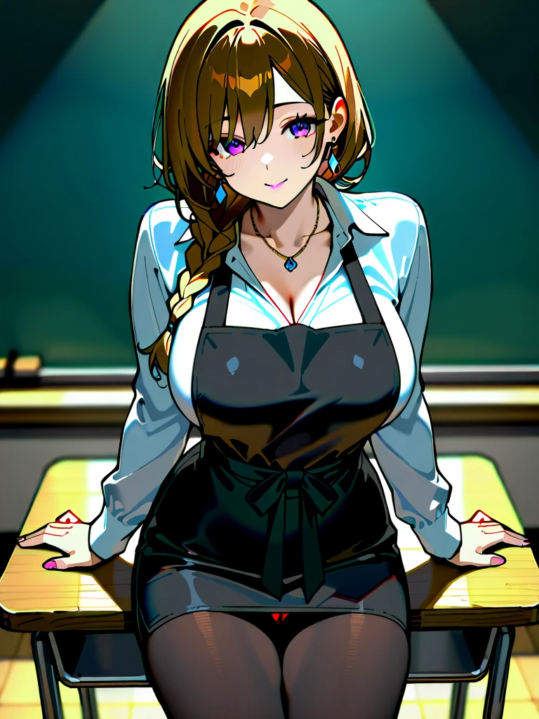 Hyper realistic super detailed sexy Ochaco Uraraka, NSFW, Very detailed, expressions faciales sexy, seductive facial expressions, [:(Face detail: 1.4): 0.4], 16K resolution, 4k resolution, dinamic lighting, High definition resolution, (sexy pose, Position attrayante), (hyper realistic: 1.4), (back light: 1.2), (sun light: 1), (pleine hauteur: 1.8),(contrasting background: 1.5), (Anatomy of the hyperrealistic arm), (Hyperrealistic anatomy of the legs), (peau propre), (lighting cinematic: 1.7), (intime), (Technologie NVIDIA RTX Ray Tracing), (Anatomy of the hyperrealistic arm: 2), (Ventre plat parfait), (image couleur), Create a work in 4K resolution, Ultra-realistic and extremely detailed featuring Ochaco Uraraka with a provocative style. Ochaco Uraraka is the central character of the work, connue pour son charisme captivant et son apparence audacieuse. Elle se tient dans un environnement de classe typique, surrounded by desks and blackboards.

Ochaco Uraraka a une apparence saisissante. She has an attractive silhouette and huge cleavage, avec des courbes provocantes qui mettent en avant son charme naturel. Son maquillage est audacieux, with bright red lips and piercing eyes. Can see lingerie

She is dressed in a provocative outfit that does not go unnoticed. Her blouse is slightly neckline and fitted, highlighting its silhouette in a suggestive way. She wears a short skirt that accentuates her shapely legs, and high heels that give him a confident gait. Ses bijoux sont accrocheurs, adding a touch of glamour to its appearance.
