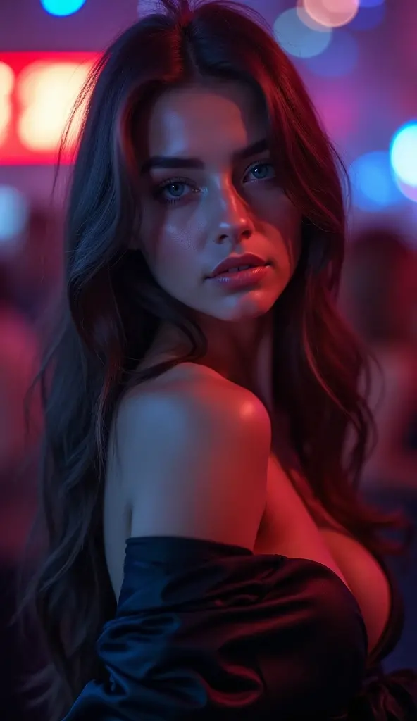 (masterpiece, UHD. Raw. Photorealistic.) (medium full shot) an ultra hot gorgeous European woman.age 23. Epic cleavage. (100 E SIZE). Red full lips. Blush.smiling,smirking.jaw-dropping beauty, perfect proportions, voluptuous hourglass body. In a dystopian Neo retro futuristic world. Full of neon and dark light.at night.