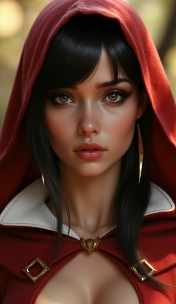 closeup shot, beautiful girl, red riding hood, red hood, sexy sexy brown eyes, detailed lips, eyes, detailed skin texture, dark hair, hyper detailed photo with sharp focus, beautiful masterpiece,