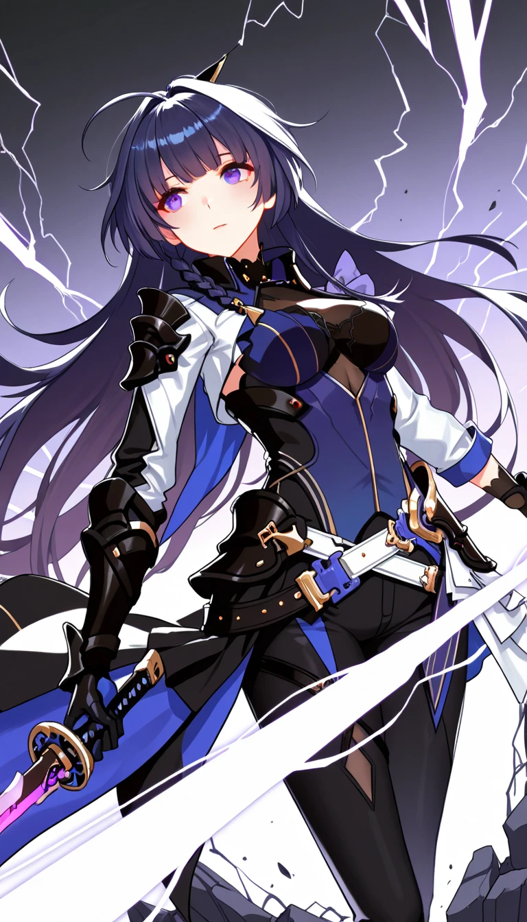 Anime girl with black hair and blue eyes in black costume, Ayaka Genshin Impact, black, armor girl, from Ark Night, Hestia, detailed anime character art, best anime 4k konachan wallpaper, Ayaka game Genshin impact, female anime character, female 👀 protagonist: 8, anime moe art style, rogue giggle, big breasts