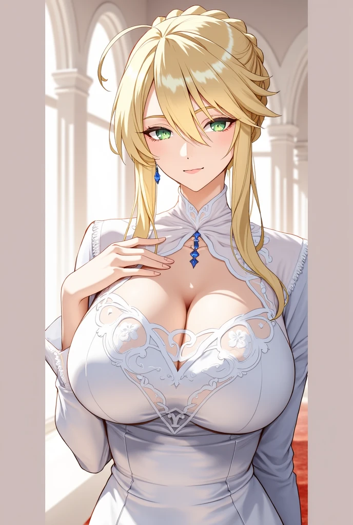 Darkness lalatina,konosuba,Big breast,Plump,Curvy figure,Golden bracelet,Half open eyes,((multi-strand necklace)),Big pearl earring,Mature,thin Classy dress,Cleavage,diamond Wedding ring,Enchanced breast,Cross hairpin,Corrupted noble,red color long nail,Queen anne cleavage,Blonde,Majestic mansion,1hand on hips,No bang hair,Noble rings,modern anime quality,Sleeve,Tight thights,Konosuba anime artstyle,Swaying hips,smile,Bob hair,Eyeshadow,red Lipstic,Seductive expression,Enchanched ass,Unnatural big breast,Detailed face