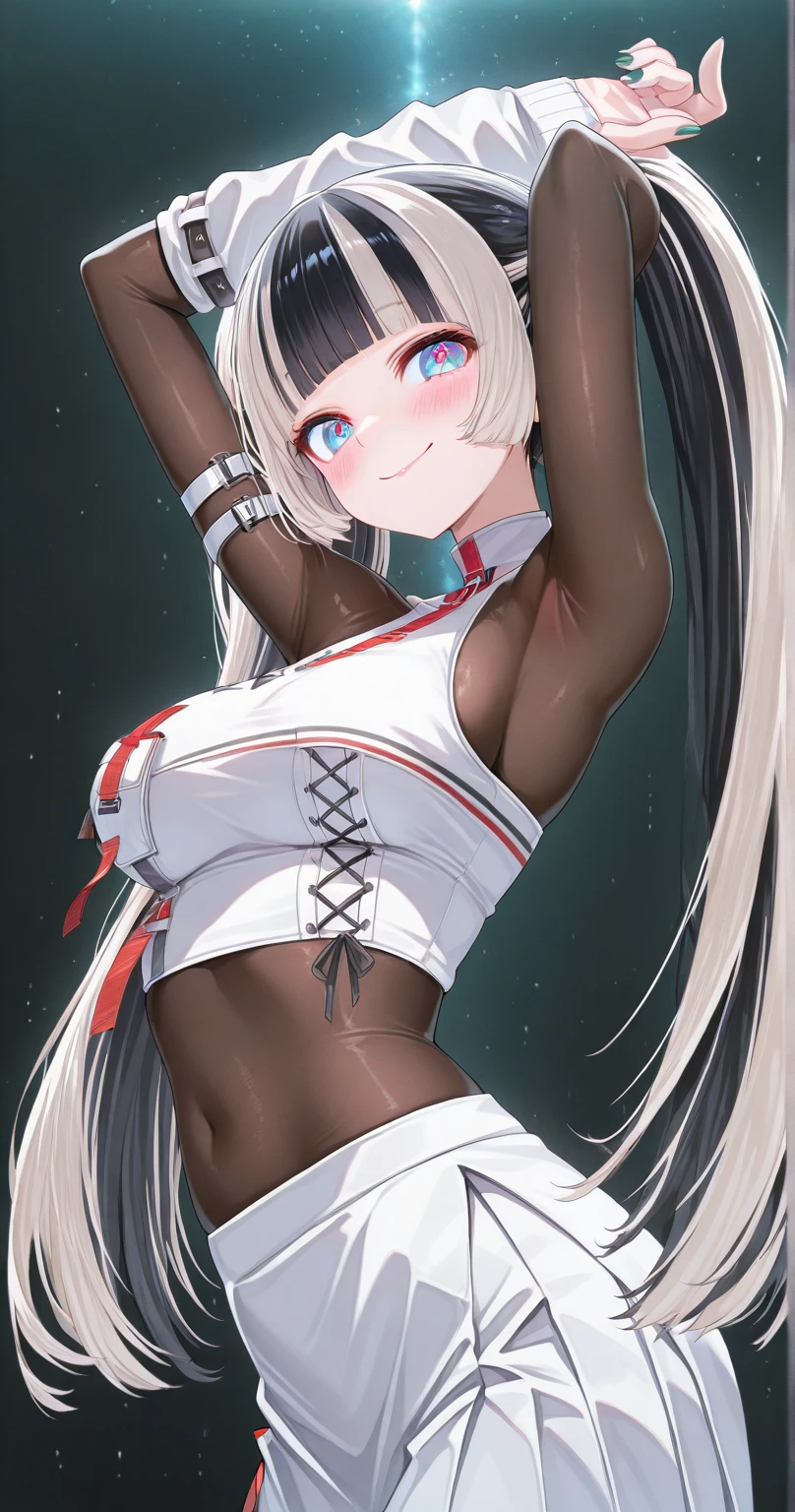 1 girl、solo、masterpiece、highest quality、gray hair、blue eyes、wavy hair、twin tails、slanted eyes、laughter、embarrassing、blush、big breasts、white sports bra、紺色bloomers、bloomers High leg、thigh high socks、spread legs、Please show your crotch to the camera、stare at the camera、put your arms behind your head、show off your armpits、nipple、大きなnipple、スポーツGym、are training、Gym