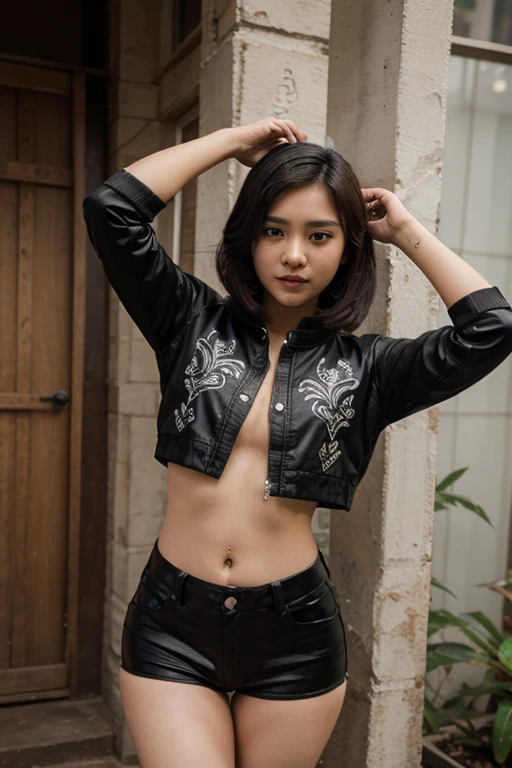 Photo of 35 year old indonesian cute Artificial Intelligence girl, wires all over her left hand, wearing ripped kebaya clothes, surrounded by music, realistic face, 4K, HD picture
