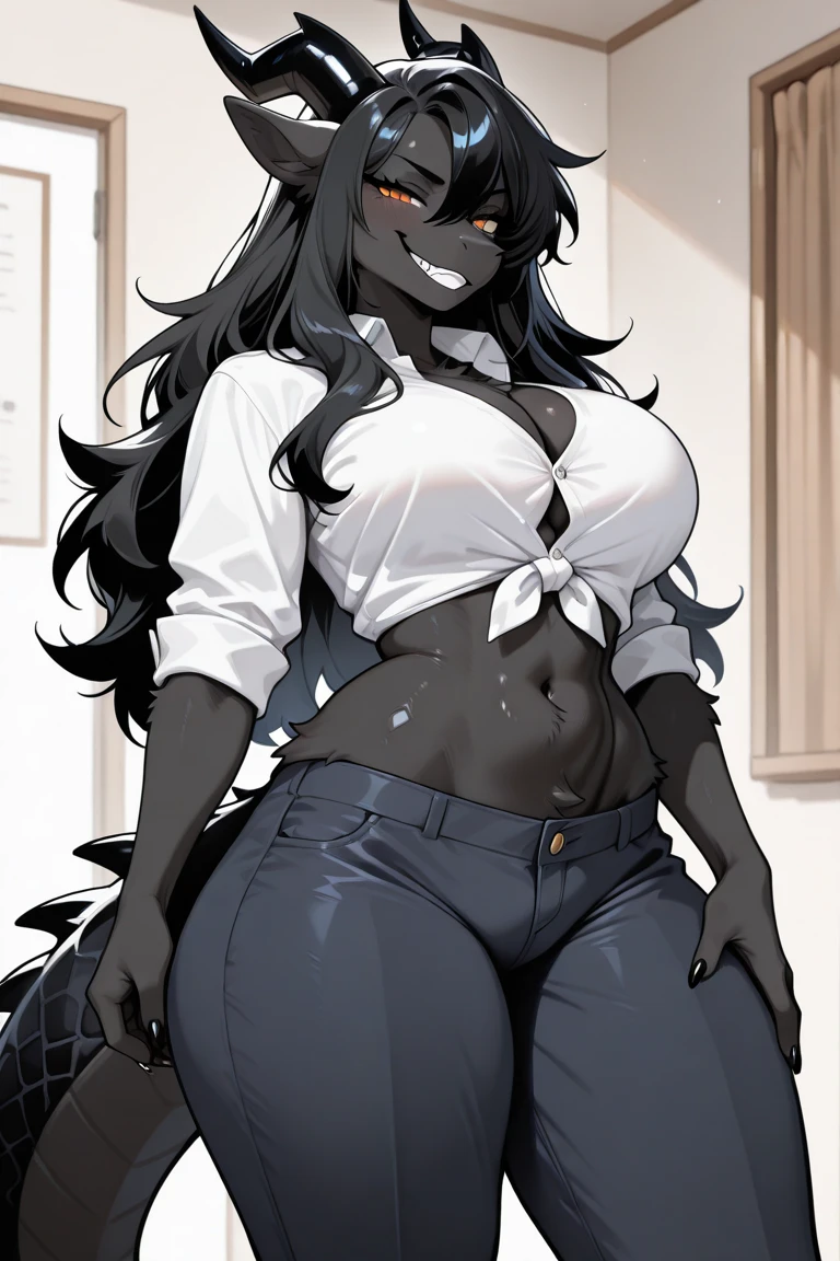 by Zackary911, kenket, kilinah, Zackary911, (((scp-1471, woman, breasts, antrum, extremely detailed, extremely detailed legs, extremely detailed arms, extremely detailed face, perfectly detailed eyes, perfectly detailed anatomy))): 1.2, solo, perspective, curved thighs, huge thighs, curvature, embarrassed angry face, (tail), totally blushed, nervous, looking at the viewer, white panties, white shirt, classroom, sitting on her desk, day, black fur, happy, black body