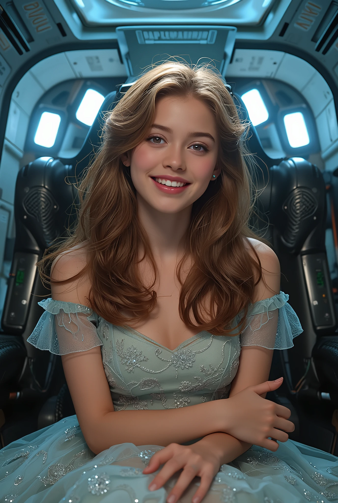 highly detailed, 8k, masterpiece, One girl, brown frills_hair_tube, dress, bend_that's all , Grin, (perfection_face), Sitting, machine, Brilliant, Complex, Dramatic lighting, 4K, detailed_background, Caustics, full_body, (Surreal:1.3), bloom,(Beautiful lighting:1.3), Caustics, Dynamic Lighting, Beautiful lighting, (Dakota Fanning:0.5), neon colored,
