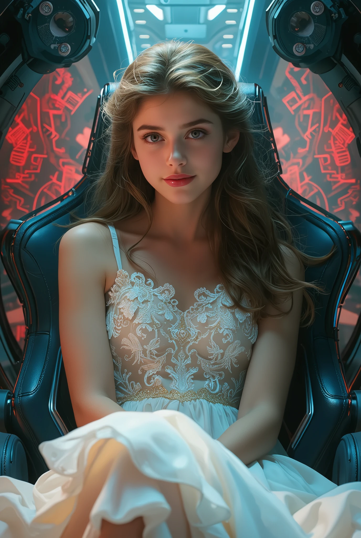 highly detailed, 8k, masterpiece, One girl, brown frills_hair_tube, dress, bend_that's all , Grin, (perfection_face), Sitting, machine, Brilliant, Complex, Dramatic lighting, 4K, detailed_background, Caustics, full_body, (Surreal:1.3), bloom,(Beautiful lighting:1.3), Caustics, Dynamic Lighting, Beautiful lighting, (Dakota Fanning:0.5), neon colored,