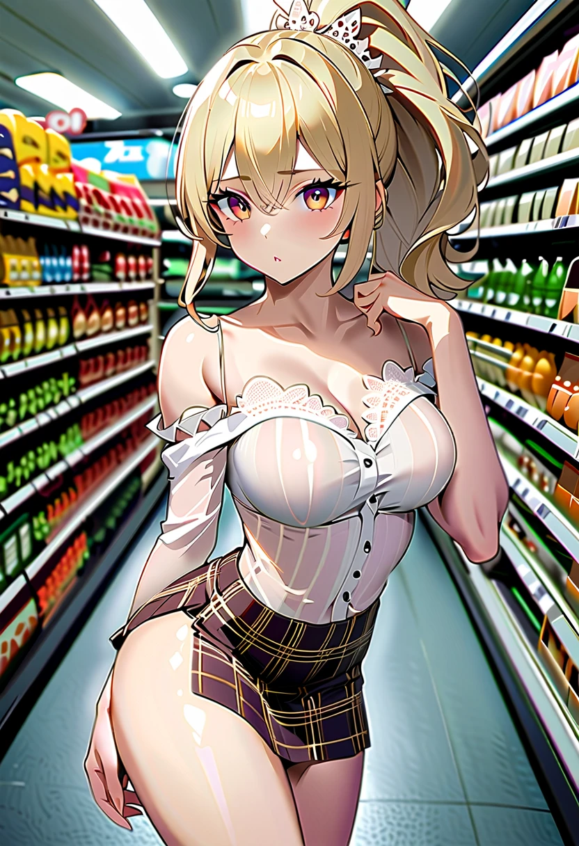 (1girl, solo:1.5), blonde hair, short hair, hairband, Purple eyes, ,nsfw , large breasts, nipple, Walking, convenience store, frozen, (Sweating profusely, Love juice, Wet Woman, female ejaculation) Naked, Blind ,Temptation, Blank look,, , Peeing, lactation, projectile lactation