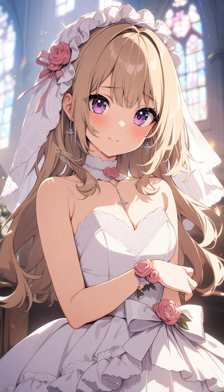 1girl, rating:safe, dress, long_hair, flower, breasts, solo, purple_eyes, smile, blonde_hair, hair_flower, jewelry, white_flower, bare_shoulders, very_long_hair, collarbone, hair_ornament, rose, cleavage, looking_at_viewer, strapless_dress, strapless, earrings, black_dress, choker, white_rose, ribbon, blush, hair_ribbon, bare_arms, closed_mouth, bangs, skirt_hold, hands_up, eyebrows_visible_through_hair, medium_breasts, black_rose, black_flower, see-through, necklace, purple_rose, large_breasts, purple_flower, cowboy_shot, veil, sidelocks, sky, hair_between_eyes, upper_body, hand_up, black_choker, sleeveless, standing, petals