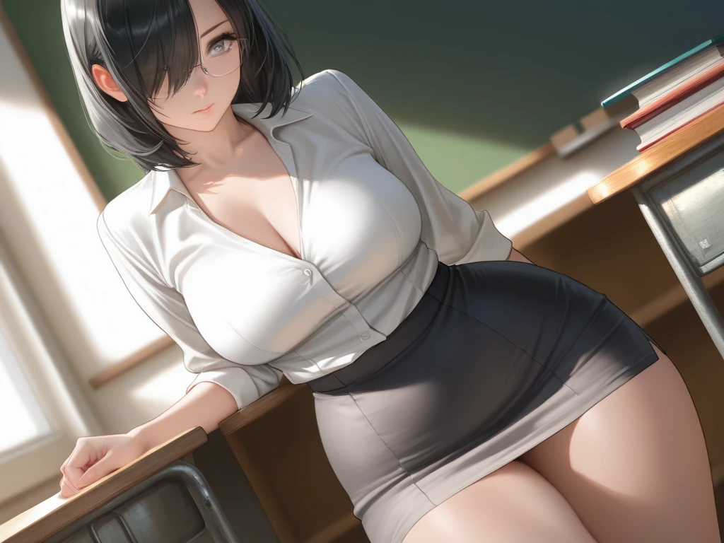 masterpiece, best quality, finely detailed, 1 girl, full body photos,facial expression of patience,(brown short hair), (bishoujo),(furrowed brow),(disapproving expression),(I want you to show me your pants while making a disgusting face), (fair skin),(brown eyes), (eyelashes), (huge breasts), (cleavage), (blue ladies' shirt:1.2), (mini office skirt:1.2),(white skirt), (pure white panties:1.2) ,can see panties, delicate interior design,legs open emphasis,erection,white walls, in library,tall