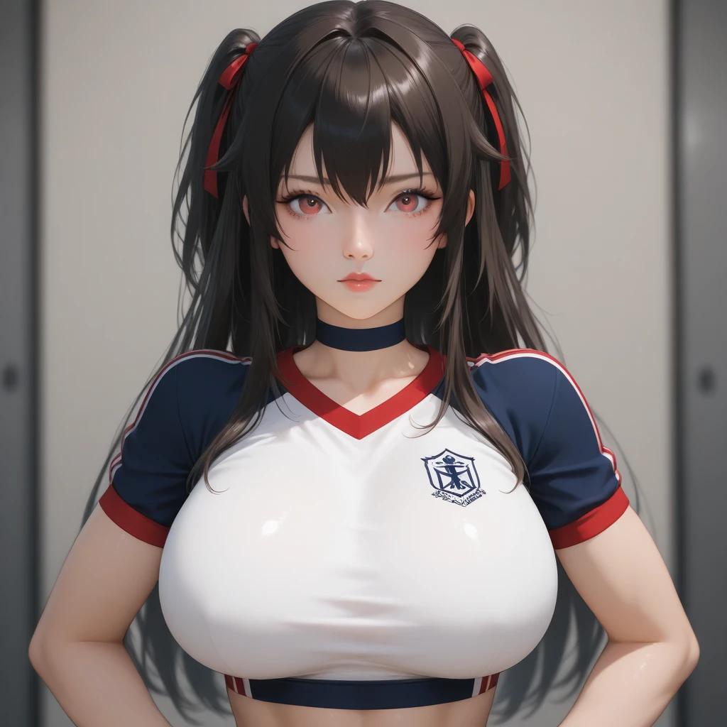 (Best quality:1.1), (Masterpiece:1.2), 5 girls，track suit，are standing，Highqualityshadow, Beautiful detailed, Beautiful face, Detailed eyes,Depth of field, A high resolution, Best shadow, Best illumination, Kizi, view the viewer, （Five-color hair:1.3)，Brush cut，extra very short hair, Blunt bangs, Long hair, Black eyes, Shy, Large breasts, Miniskirt, Volleyball hall，inside in room，Exercise posture， Sunburn，Boo marker，cleavage，looks into camera，ssmile，closeup cleavage，Superskirt