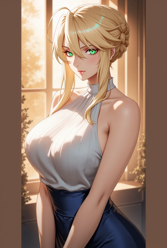 Elegant mature female, Artoria Pendragon, blonde, green eyes, soft light, high quality cg