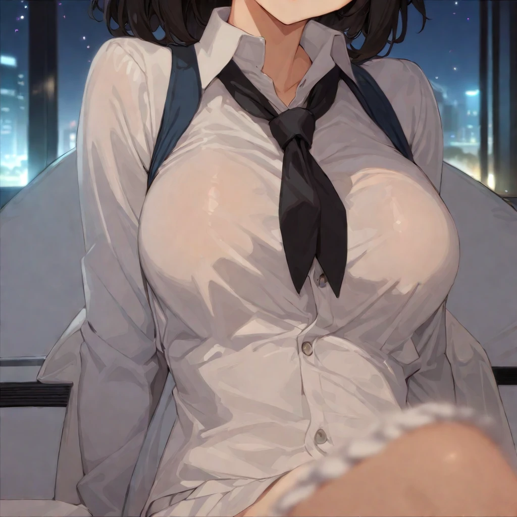 ((Best quality, 8k, Masterpiece :1.3)), Whole body, Sharp focus :1.2, A pretty woman with perfect figure :1.4, Slender abs :1.2, ((Dark brown hair, Big breasts :1.2)), body dress :1.1, (Night city view, Modern balcony :1.1), Highly detailed face and skin texture, Detailed eyes, Double eyelid, Small Bust, OL Uniform, Office Wear, white T-shirt, exposed cleavage, (Black Pantyhose), (No Panties), Interior Scene, Office,nsfw,long nipple:1.5, (blushing:1.3,pussy juice:1.3,drool:1.3)
