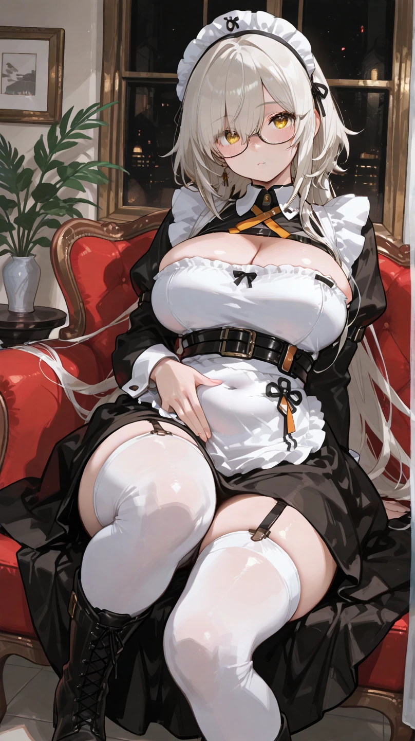 (white hair:1.2),GF-aug,hand to mouth,outfit-august, 1girl, solo, breasts, large breasts, sitting, looking at viewer, between breasts <lora:char-hk416:0> <lora:outfit-august_von-pynoise-000003:1>
