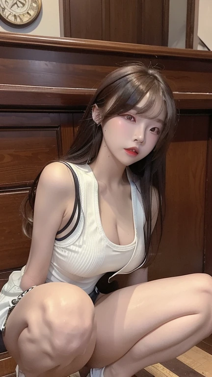 Girl working at a workbench in a cafe with minimalist interior, ponytail,I only wore an apron.,Water-soaked clothes and skin,high quality、masterpiece、super resolution、cute girl face、naked、naked apron、wearing an apron、full body sbian、((big bust, chest cleavage、sexy))、((Shiny skin type)), Strike a variety of dynamic poses for photos.