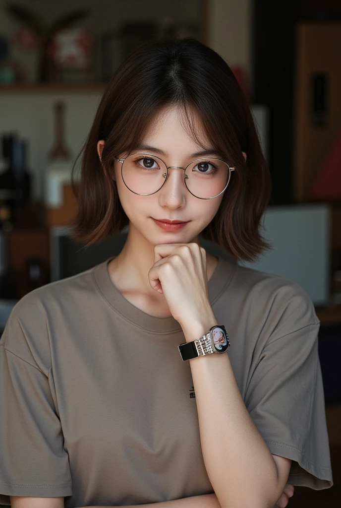 highest quality, masterpiece, 8k, ultra high resolution, (realistic: 1.4), 1 girl, beautiful face, symmetrical eyes, big, perfect body proportions, ((short bob、messy hair))、((brown hair)), black rim glasses、cartoonist、(casual fashion)、((draw a manga with a pen:1.4))、the gaze of the beholder, (messy apartment room、blurred background), Front view, Absolute area (1.3),friendly smile、seems kind、cowboy shot
