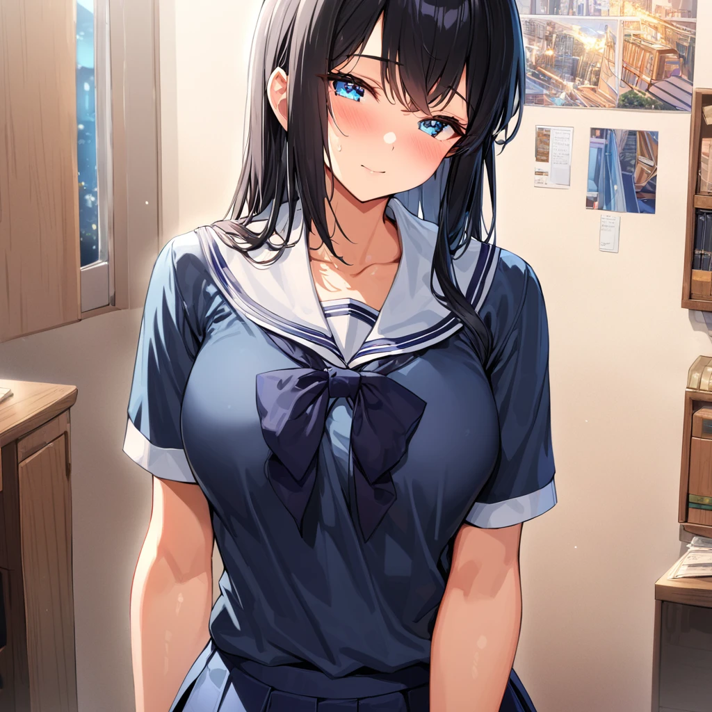 (((NSFW))), ((best quality)), ((masterpiece)), ((detailed)), (((perfect face))), (((slender 18yo teenage girl))), ((((medium breasts)))), ((((topless)))), ((((dark blue pleated skirt)))), ((dark brown hair)), ((short ponytail)), (((blue eyes))), ((shy:1.3)), ((blushing:1.5)), (((bare chest))), ((bare stomach)), ((bare shoulders)), (((bare arms))), ((((lounge room, windows)))), (((walking))), (((shy arms))), (((looking at viewer))), (((open front door))), ((((detailed background))))