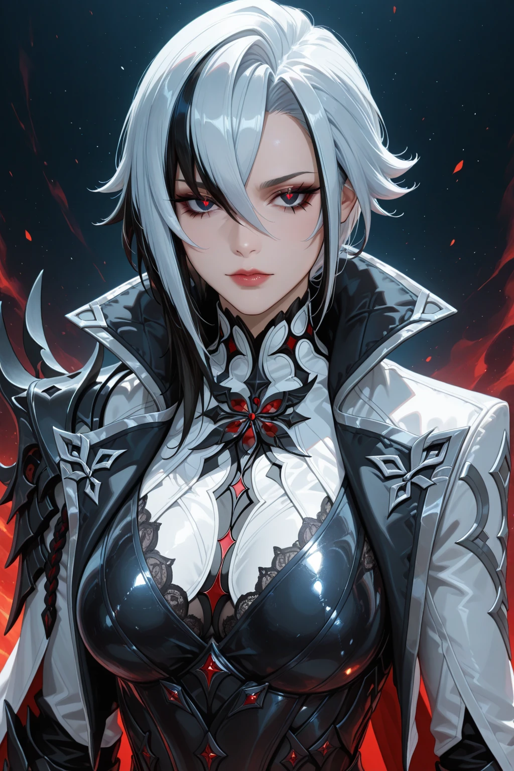 masterpiece, best quality ,ultra-detailed, very detailed illustrations, extremely detailed, intricate details, highres, super complex details, extremely detailed 8k cg wallpaper, monochrome, black and white picture, caustics, reflection, ray tracing,1girl, super detailed face, Extremely detailed eyes, beautiful eyes, highres eyes, solo, white hair, black hair, multicolored hair, black eyes, x-shaped pupils, gloves, arle_suit, upper body, seductive smile, jewelry, looking_at_viewer, signature, solo, standing, unbuttoned clothes, (boobs:1.1), holding whip, (dark room:1.4), low light, moonlight dark, night, (at the centre of picture:1.2)