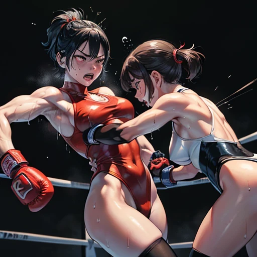 Boxing action. Two women wearing bikinis are boxing in the ring. The woman on the right hits the woman on the left in the cheek.. The woman on the left has her right eye closed, opening her mouth, and sweat.