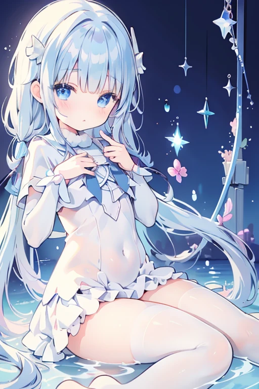 mermaidモチーフのMagical girl、Highest quality、Loriータ、Confused eyes、Primary school students、small、Lori、Young Girl、Water Manipulation Magic、水を司るMagical girl、beautiful girl、cute、Full-body portrait、light blue、Have a koto、Playing the lyre、Clear eyes、pose、Magic Exerciseermaid、Magical girl