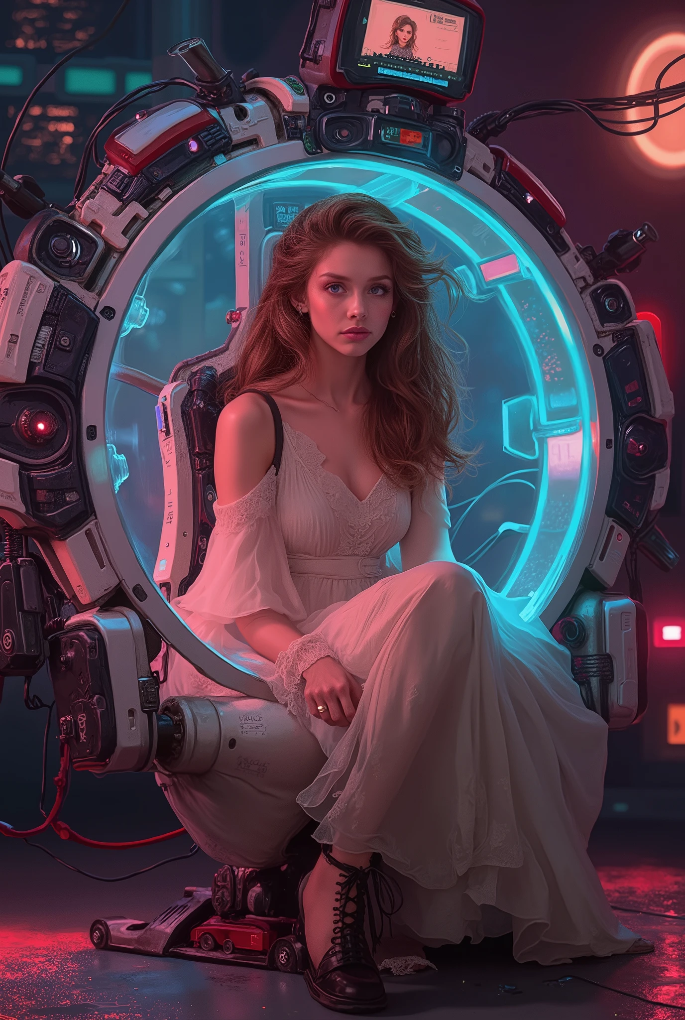 highly detailed, 8k, masterpiece, One girl, brown frills_hair_tube, dress, bend_that's all , Grin, (perfection_face), Sitting, machine, Brilliant, Complex, Dramatic lighting, 4K, detailed_background, Caustics, full_body, (Surreal:1.3), bloom,(Beautiful lighting:1.3), Caustics, Dynamic Lighting, Beautiful lighting, (Dakota Fanning:0.5), neon colored,