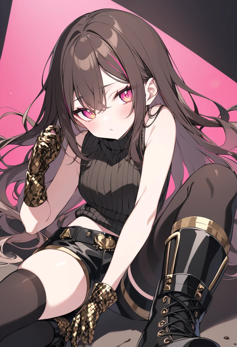 A girl with pale skin, wearing a black top ((soft fabric with gold chain details)), black skirt, white tights, wearing black boots, with long black hair, eyes closed ((red outlined)) , wearing a black cape with a hood with golden horns, a long black tail with small golden chains wrapped around it