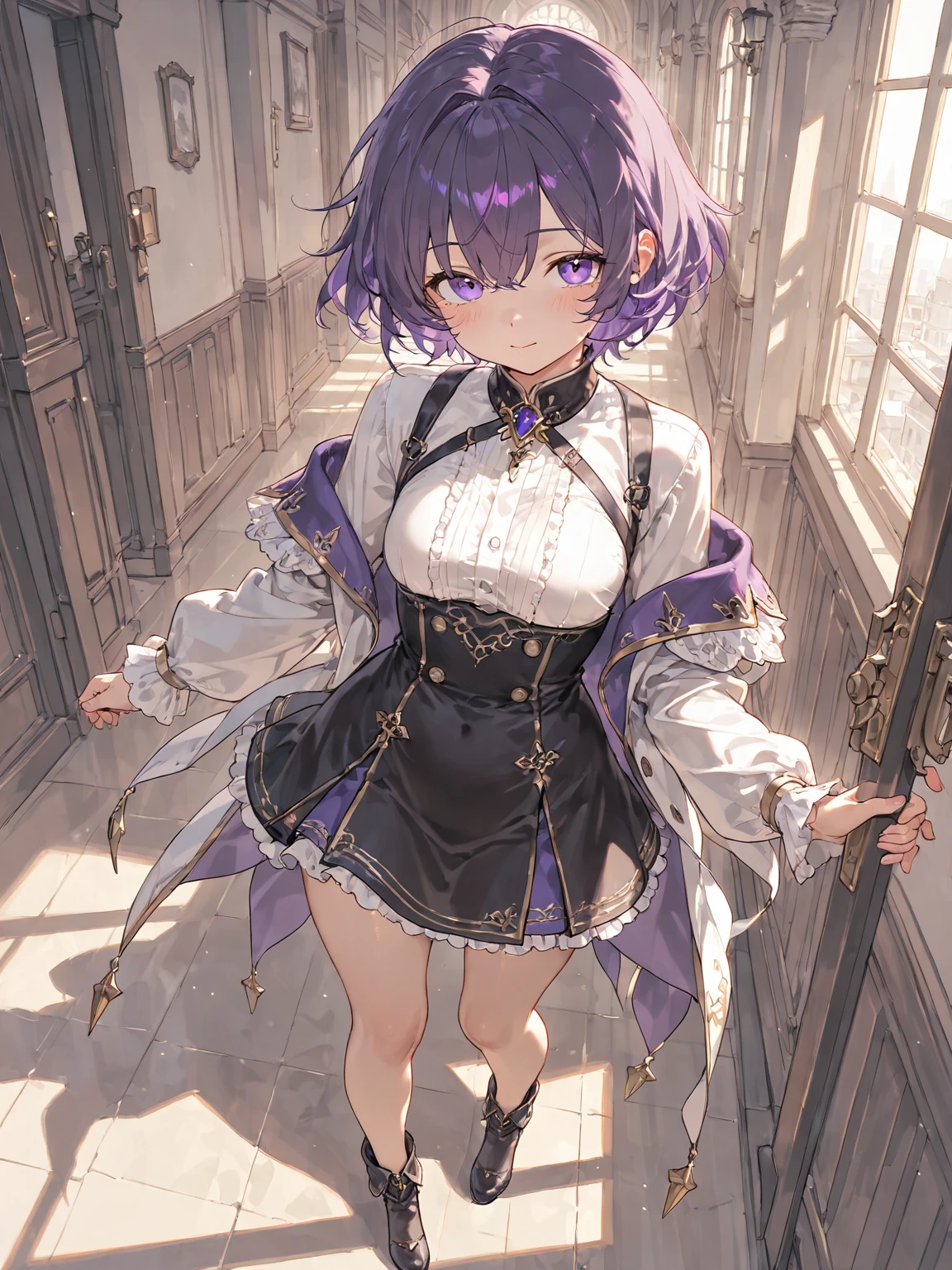 highest quality、Female 1,22 years old，All limbs、Perfect limbs、Accurate anatomy、Detailed depiction，Super beautiful woman，Slender beauty、short hair、Black Hair、Purple Eyes，Pink Cheeks,Beautiful Skin，White and purple idol costume、Dark purple panties、Knee-high socks、Beautiful big breasts、Exposed thighs，Live Stage、sing、Dancing、(Provocative smile)，The white spotlight shines on her.