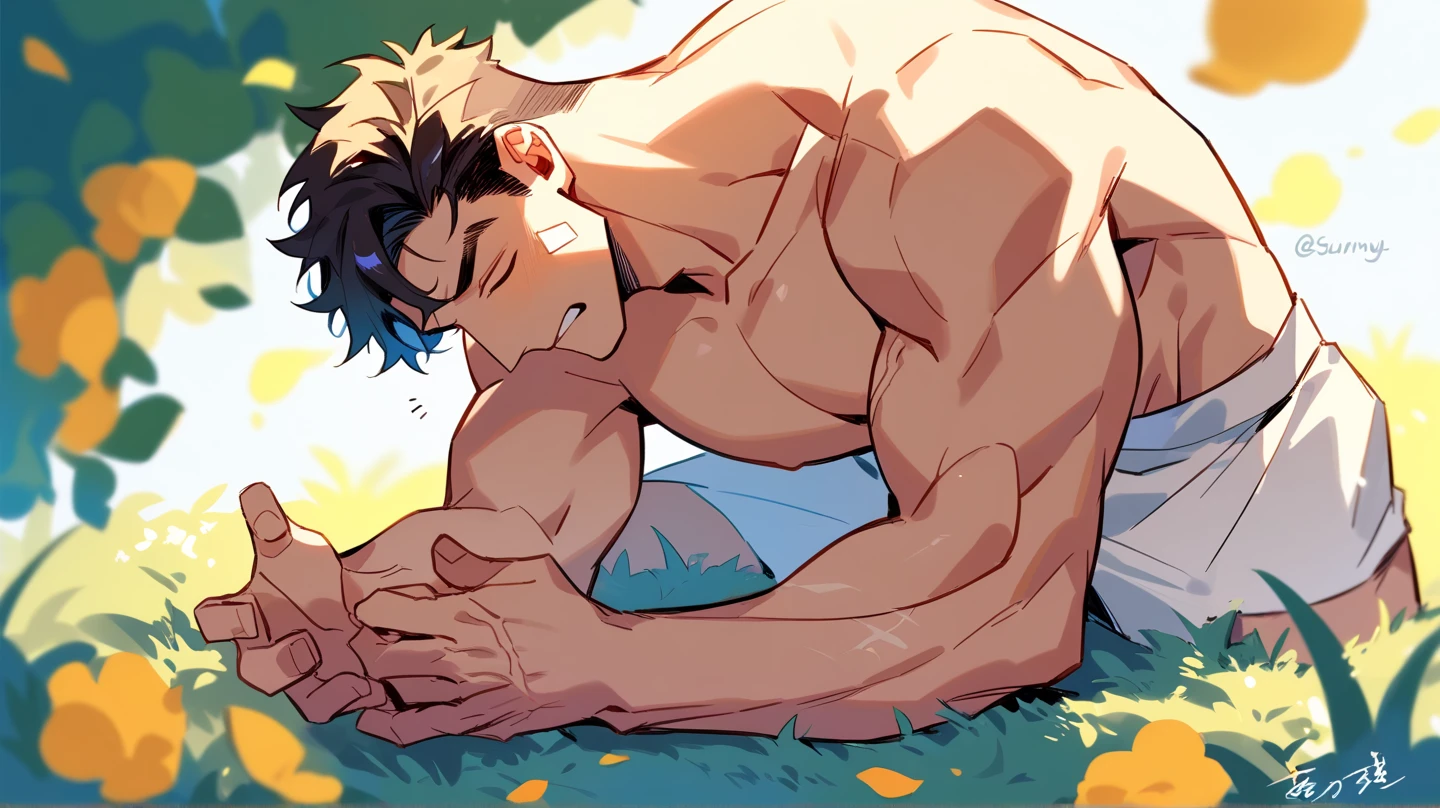 (canto da foto de baixo para cima) (imagem da mais alta qualidade) Lion man ,real, jovem, foco masculino, vestindo shorts, imagem de anime, lying on the grass , pernas bem abertas, sexy face, rosto atraente, cabelo subcortado, huge muscle muscles of the chest, anime wallpaper, exibindo seus musculos, large strong thigh muscles, Biceps Sinewy muscles, virilha marcando, Big chest, corpo tonificado devido ao treinamento intenso, Well-developed muscles, abdomen trincado, six pack, ABS transparente de 8 embalagens, 3 metros de altura, topless, abrindo bem as pernas, pele brilhante, rede de suor pingando, hands on thighs, bare feet, Sem barba, nfsw, showing his big , male masturbation, cum shot by his dick