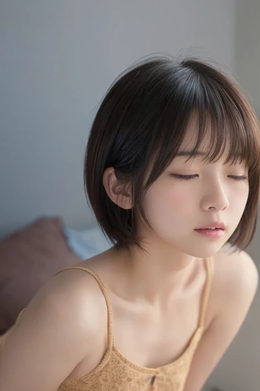 (8K, RAW Photos, Highest quality, masterpiece:1.2), (Realistic, photo-Realistic:1.37) , One girl, ( night), , Detailed face, Fine grain, （Sports underwear,gray,Sweat）Sleep、bed、Faint、close your eyes、Bobcut