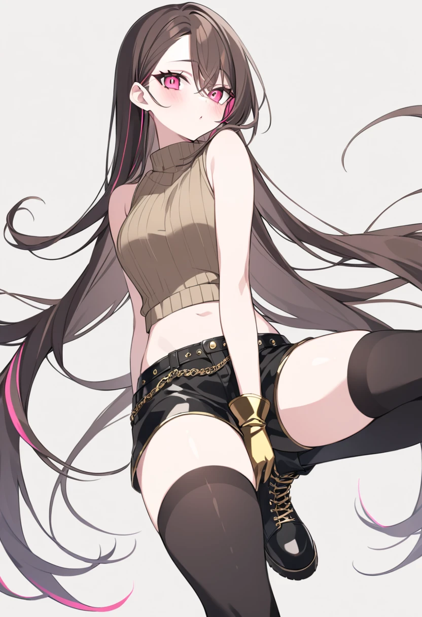 1boy, toned, sharp wolf ears, wolf tail, black messy hair, golden eyes, HD, masterpiece, vibrant, black boots, dead expression, thigh highs, booty thong, bulge crop top