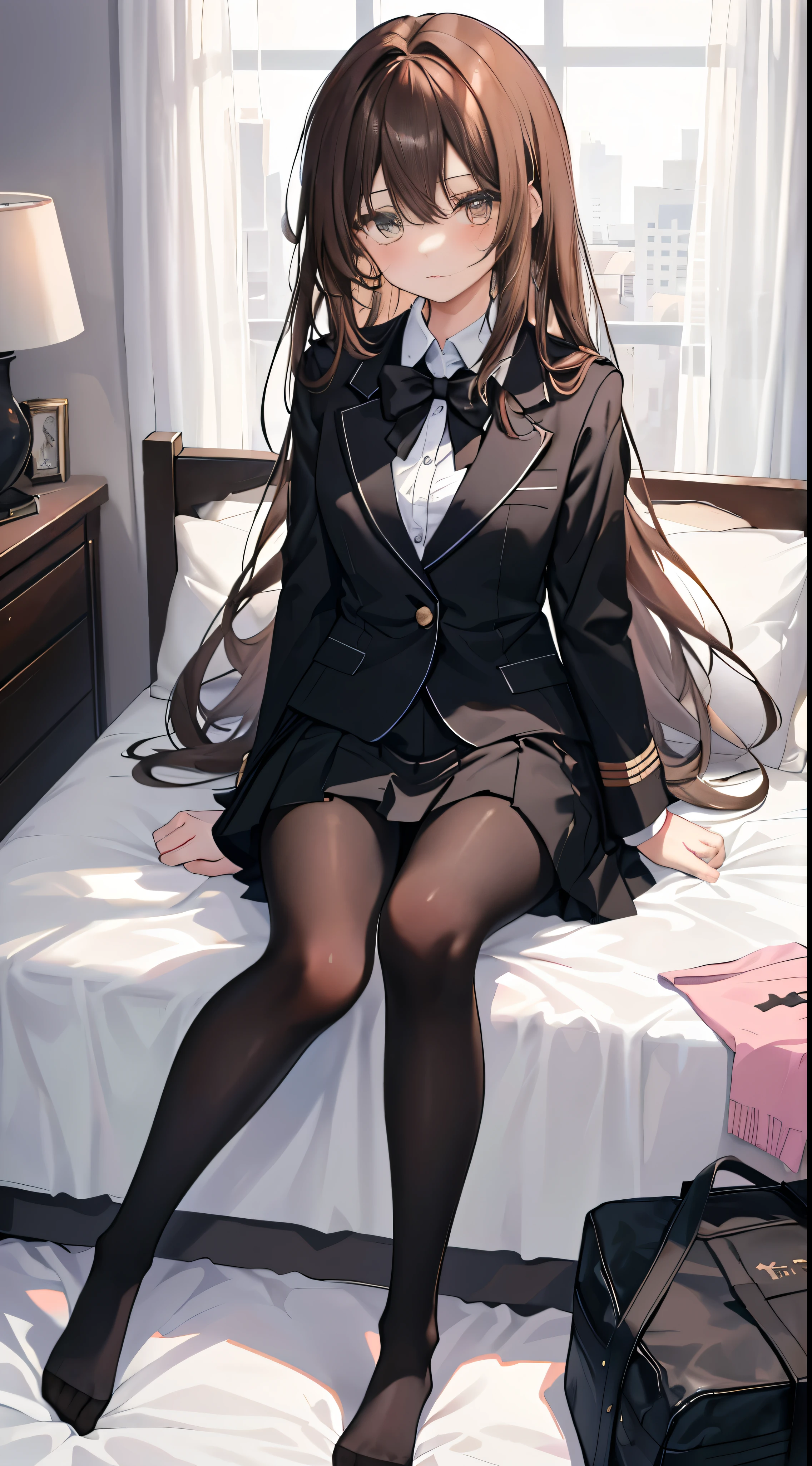 finest, masterpiece, High resolution, (Full body view from head to toe), front, frontやや下からの構図, Symmetrical, 18 year old tall girl, alone, (whole body from head to toe), small breasts, brown hair, slightly messy hair, long hair, bangs, (black tights), ( (black pantyhose), black pantyhose, sitting with legs spread in the bedroom, (M-shaped legs), show me your white panties, Slender legs, A very beautiful and tall 18 year old girl, (not wearing shoes), blush, shy big eyes, messy hair, looking at camera, Blazer uniform appearance、Checkered pleated skirt