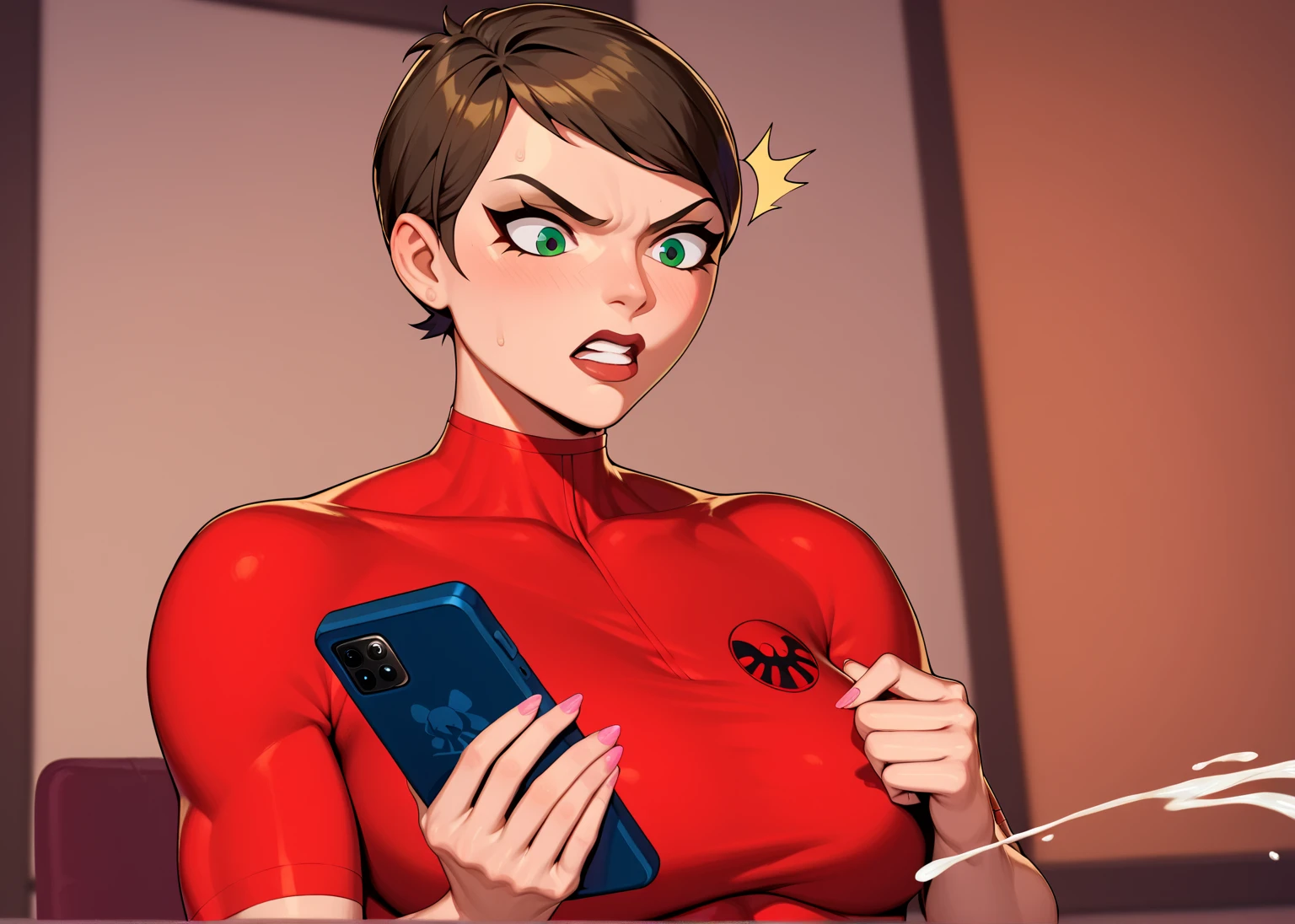(NSFW, amerimanga style, 1woman only), high definition, (superheroe's high-tech theme), ((medium close-up shot)). (In a high-tech room), ((a woman like Maria Hill from Marvel Comics, holding a smartphone at arm's length in front of her face)), (shocked, recoiling in surprise and disgust). (((An erect penis coming out from the phone screen, cumming onto her face))). Semen dripping from her face on her breasts.