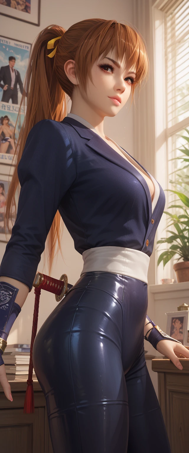 woman, ((Masterpiece, best quality)), full body view, bursting huge breasts, detailed skin, Anna from Frozen as a teacher, in class room, high heels, stockings, Elegant teacher outfit, over the knee skirt, highly detailed, cinematic lighting, ultra realistic, blush, looking at viewer, anna, anna from movie