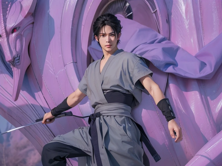 Best Quality, Masterpiece, Ultra High Resolution, (Realistic: 1.4), Xiuxian, Weapon, Detailed Face, .1 Boy, Solo, Weapon, , (Magic Circle: 1.2), Xiuxian, Upper Body, East Asian Architecture, Sheath, Architecture, (Absurd, High Resolution, Super Detailed), Asian, 1 male, eighteen year old boy, handsome, tall muscular man, broad shoulders, very short hair, bottom cut, dark brown eyes, fine eyes and detailed face, extremely detailed CG Unity 8k wallpaper, Intricate details, (style swirl magic: 0.7), looking at the audience, solo, (full body: 0.6), detailed background, detailed face, (European medieval fantasy theme: 1.1), hair fluttering in the wind, martial artist, dynamic pose, fighting stance, clenched fists, fingerless gloves, wristband, dragon-themed costume, monk robe, alpine mountain background, spinning floating particles, dynamic composition, upper body naked, large muscles, white rubber pants, ((((crotch bulge))))