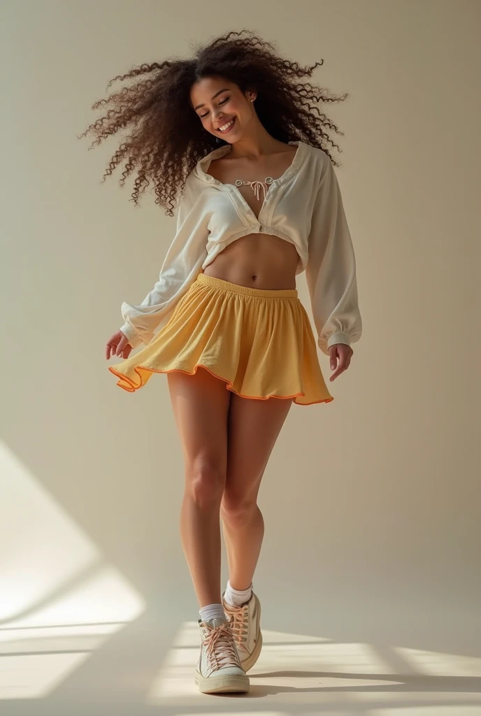 Show entire body, feet in view, aerial view, Zendaya, short skirt, pantyhose, sneakers, indoors, sunny day, smiling