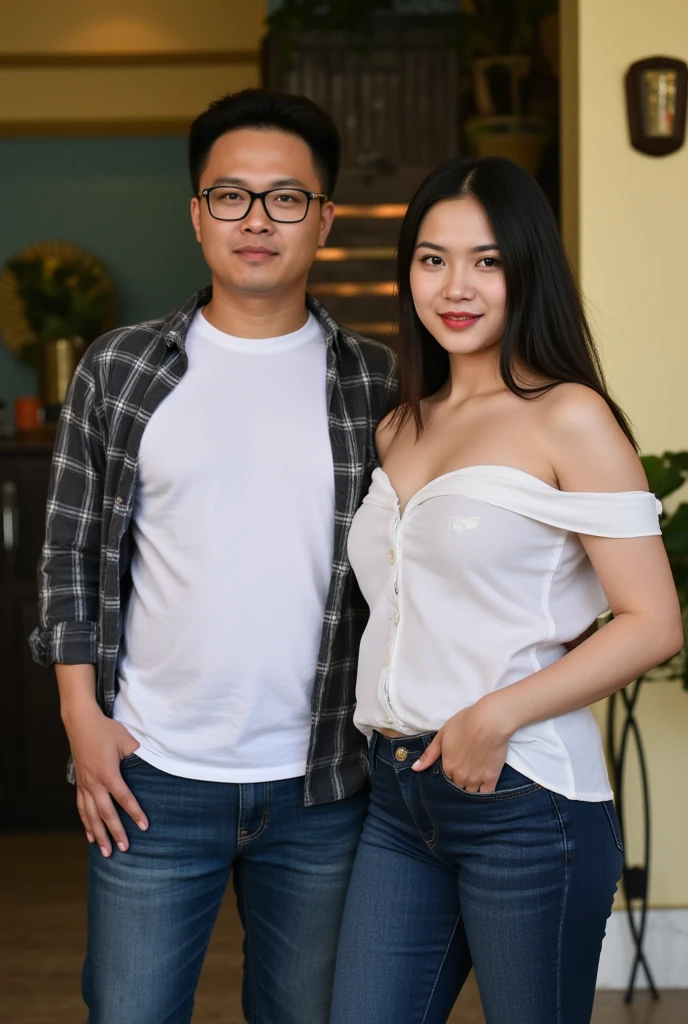 portrait of a big Indonesian lady in ruffled mini skirt, standing with one (1 boy), Indonesian girl has big breasts, boy grabbing the girl, realistic, high detailing, hyper-realistic, 8k (( boy grabbing girl' waist)) , sexual pose, pose