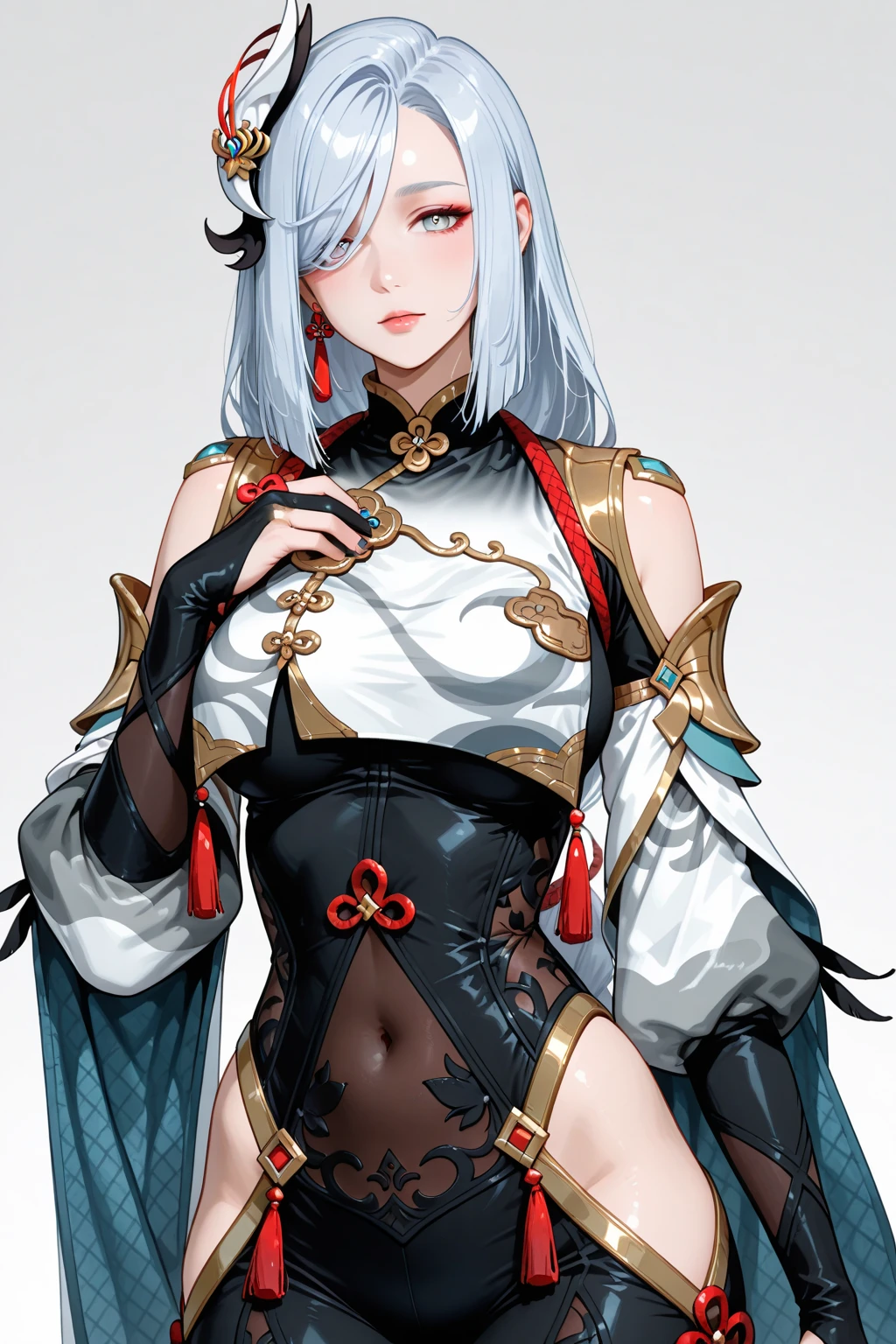 (((Plain background 1:2))) (masterpiece, high quality: 1.1) 1girl full body standing, hairstyle with a braid, white colored hair, yellow eyes, perfect lighting, muscular, thighs, mature woman, mummy, bellybutton, abs, looks at the viewer smile RED CHEEKS, extremely huge breasts, maternal, porcelain skin, extra very long hair, sparkly skin, good face, chest cover, HANDS ON HIPS