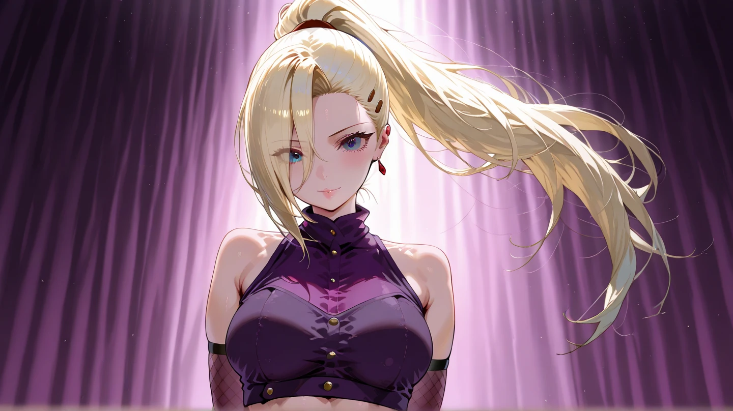 mature woman, medium breasts, pale blonde hair with bangs, wavy hair tied into a high ponytail, sharp green eyes, red lips color, smoky eye make up, smirking at viewer, naughty face, Surrealism, anime style, depth of field, 8k, super detail, high details, Cinematic lighting, night time, shadow over face, Close-up, came