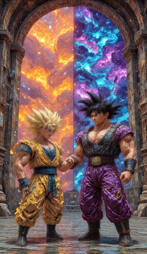 (Top Quality, 4k), Nigeria's Take on Goku, One powerful figure, African warrior-inspired outfits, Bright colors representing Nigerian flag, Detailed tribal patterns, Energetic poses, Majestic mountainous landscape, Savanna sunset, Warm and rich color scheme, Anime fusion, Illustration, Ultra-detailed textures, Defined muscles, Realistic facial features, Clear and distinct facial expressions.