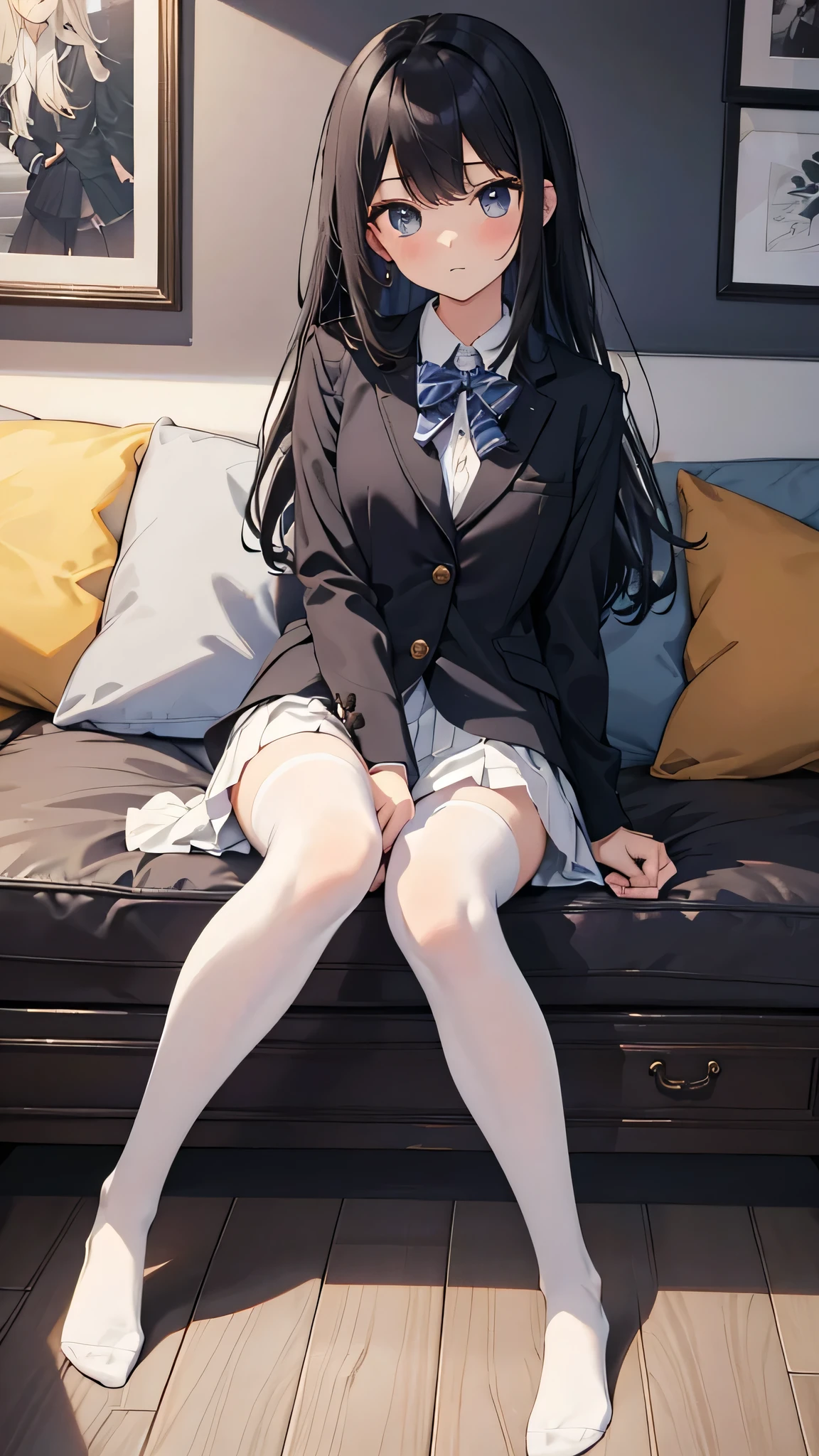 Finest, masterpiece, high definition, (full body), frontal, symmetrical, mature high school girl, solo, (full body from head to toe), small breasts, long hair, slightly messy hair, (black tights), ( (black pantyhose), black pantyhose, (composition where she is made to sit and lift her legs and make her legs open), (bound arms, arms behind back), composition showing white panties, slender beautiful legs, a very beautiful 17-year-old girl (not wearing shoes) legs), blushing, shy big eyes, messy hair, looking at camera, showing white panties, white frilly lingerie, high school uniform blazer, high school uniform White blouse, high school uniform with blue ribbon, high school uniform with short plaid pattern and navy pleated skirt